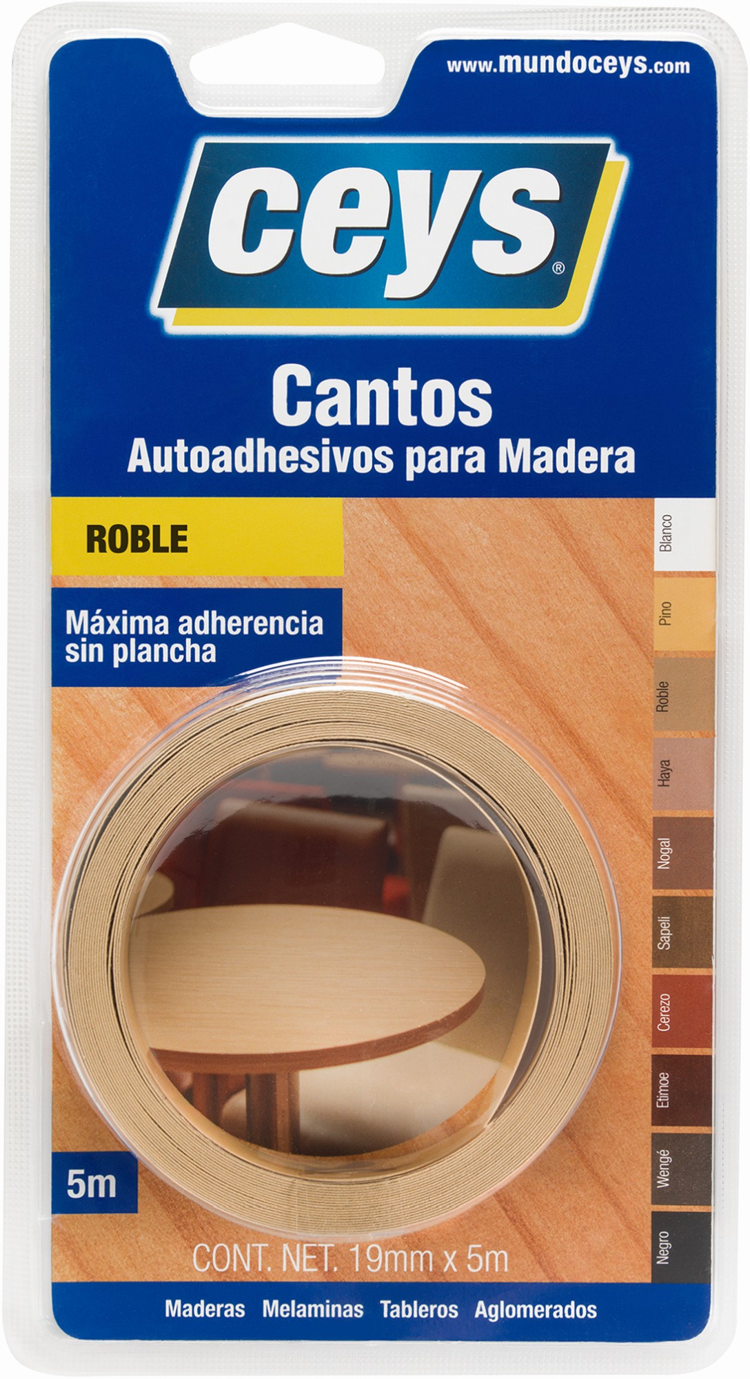 CANTO AUTOADHESIVO ROBLE ROLLO 5 MTS. 19 MM. CEYS (UU)