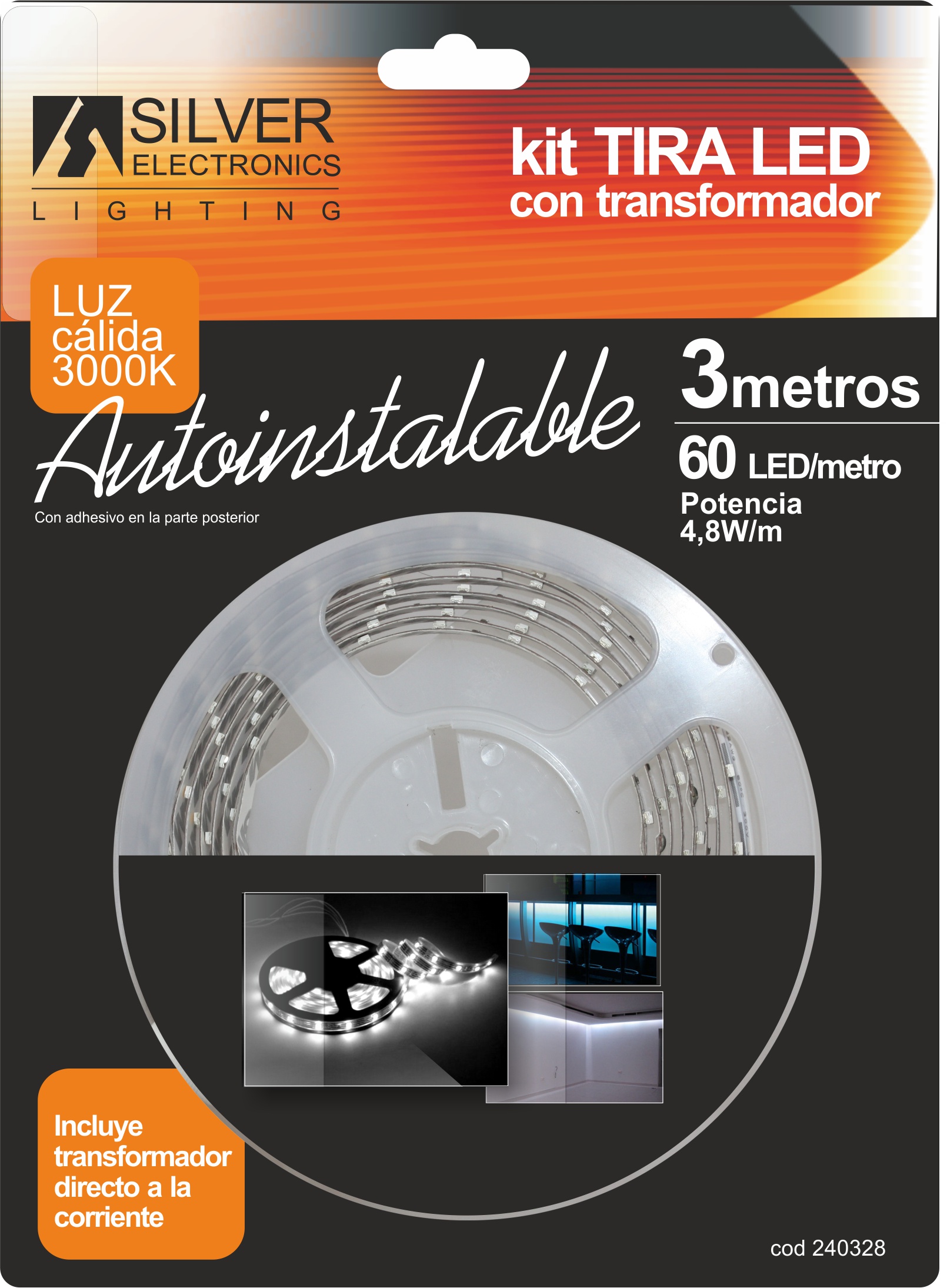 KIT TIRA LED 3M 4,8W/M 3000K 12V IP20 300LM/M 60 LED/MT SMD 3528