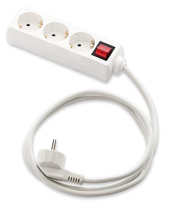 BASE ENCHUFE 3 TOMAS T.T ECOSOCKET CON INTERRUPTOR Y CABLE 3,0 MT. BLANCO