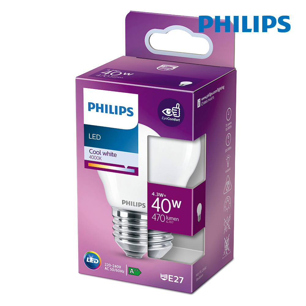BOMBILLA ESFERICA LED E27 4,3W 4000K 470LM CRISTAL MATE PHILIPS (UU)