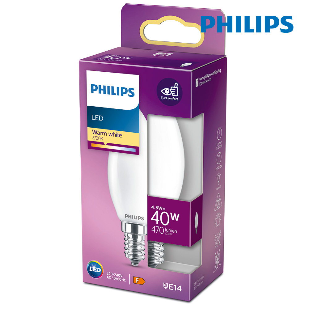BOMBILLA VELA LED E14 4,3W 2700K 470LM CRISTAL MATE PHILIPS