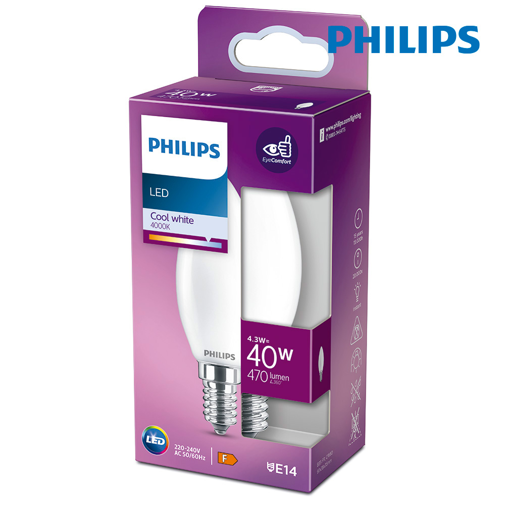BOMBILLA VELA LED E14 4,3W 4000K 470LM CRISTAL MATE PHILIPS