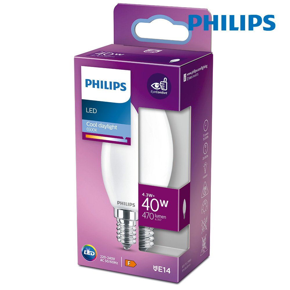 BOMBILLA VELA LED E14 4,3W 6500K 470LM CRISTAL MATE PHILIPS