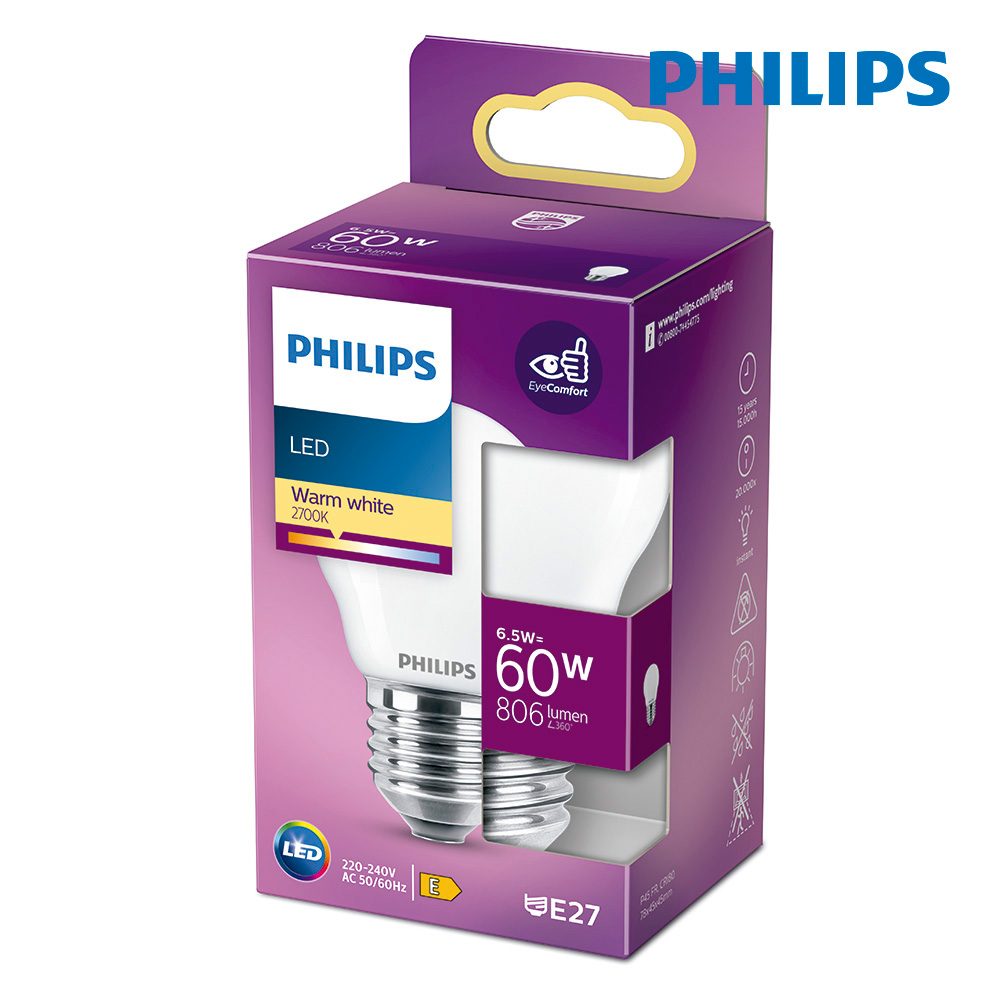 BOMBILLA ESFERICA LED E27 6,5W 2700K 806LM CRISTAL MATE PHILIPS