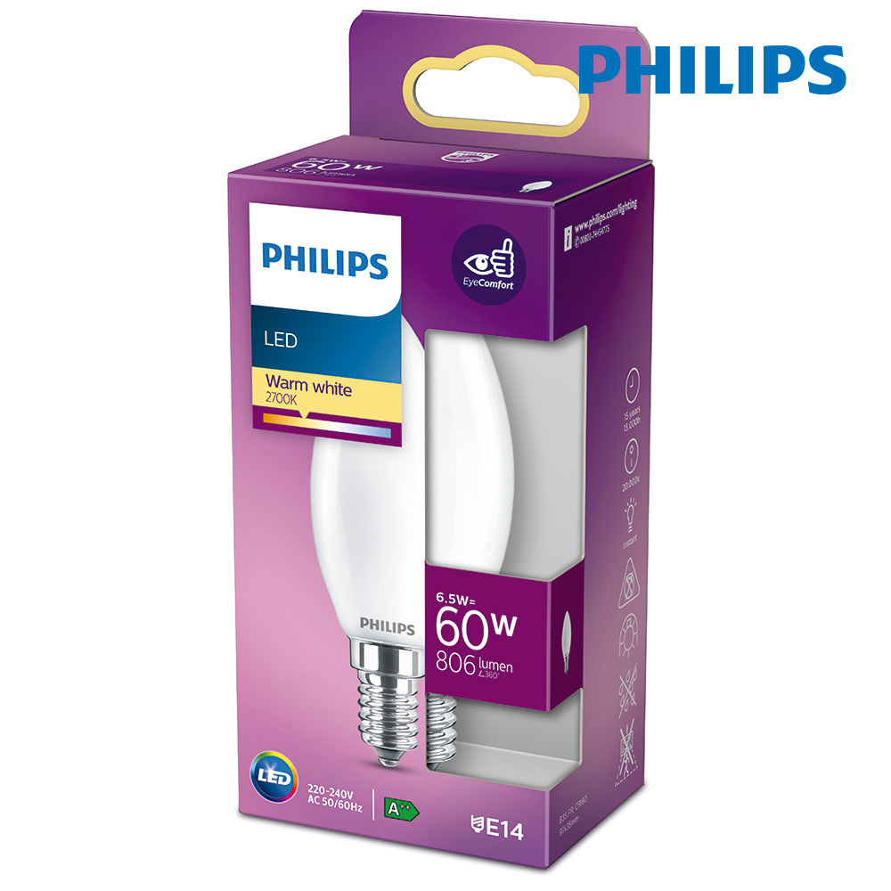 BOMBILLA VELA LED E14 6,5W 2700K 806LM CRISTAL MATE PHILIPS
