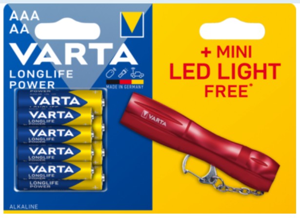PILA VARTA LONGLIFE POWER 4AA + 4AAA + MINI LINTERNA LLAVERO EN BLISTER
