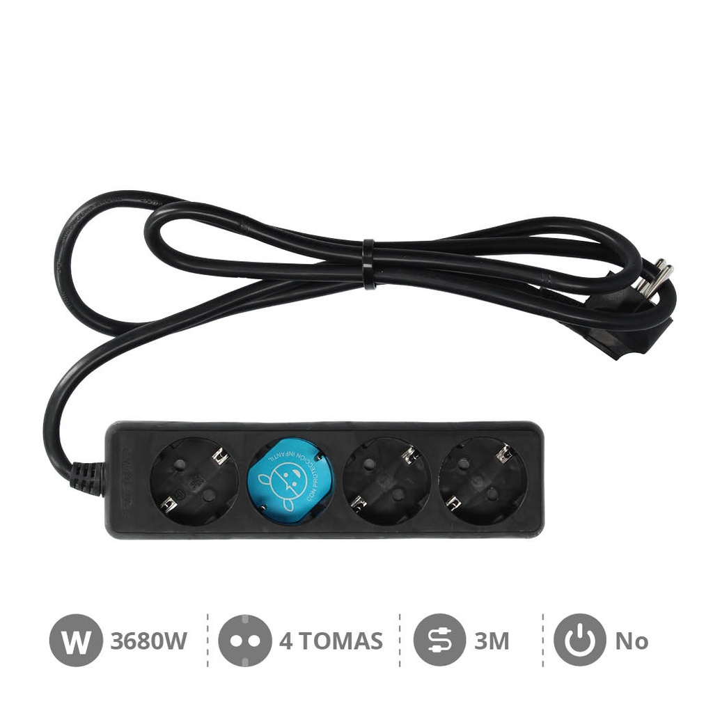 BASE ENCHUFE NEGRO 4 TOMAS 3 M DE CABLE GARSACO