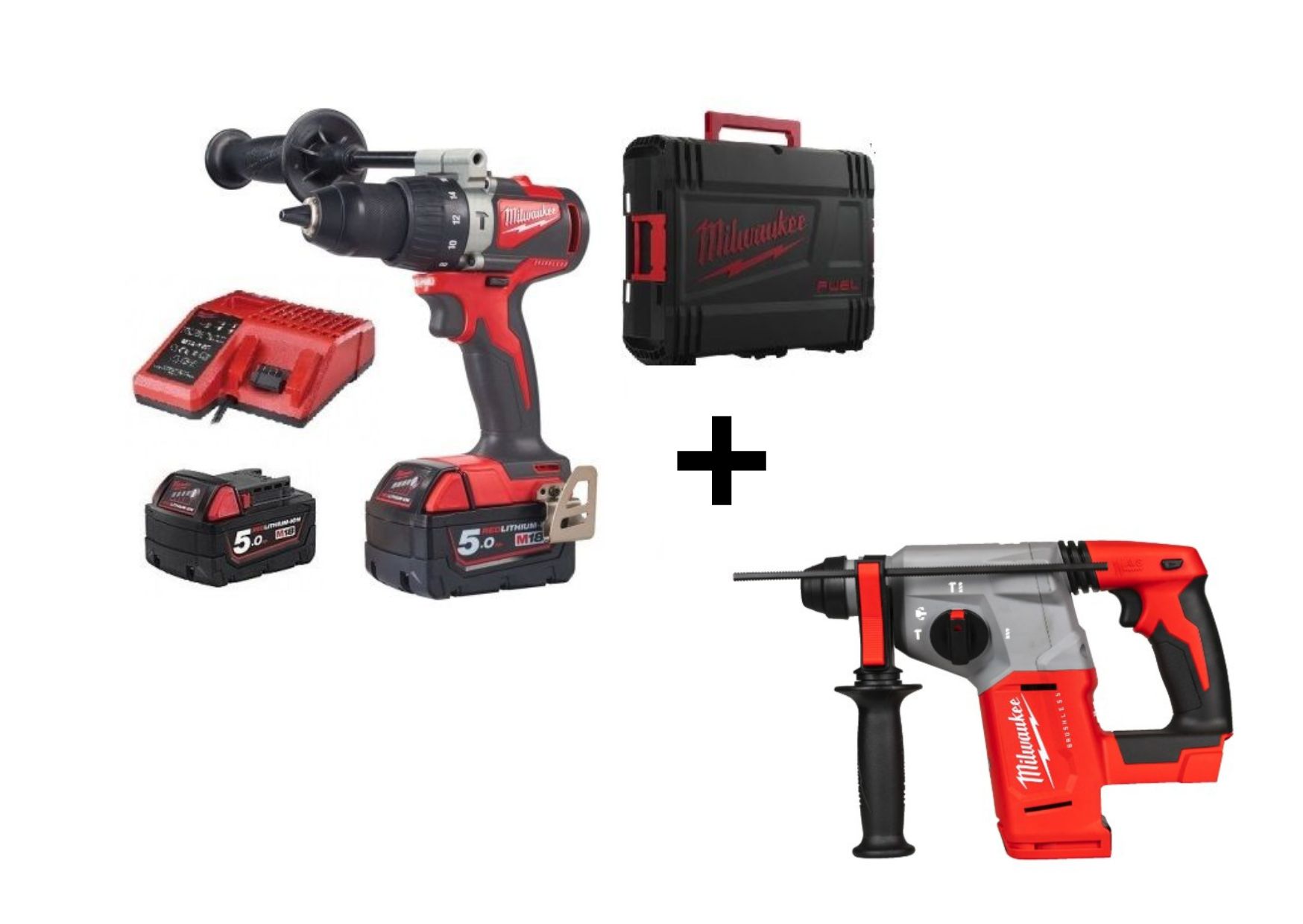 PACK TALADRO PERCUTOR SUBCOMPACTO 18 V M18 BLPDRC-502C SIN ESCOBILLAS + MARTILLO COMBINADO SDS PLUS M18BLH-0 MILWAUKEE