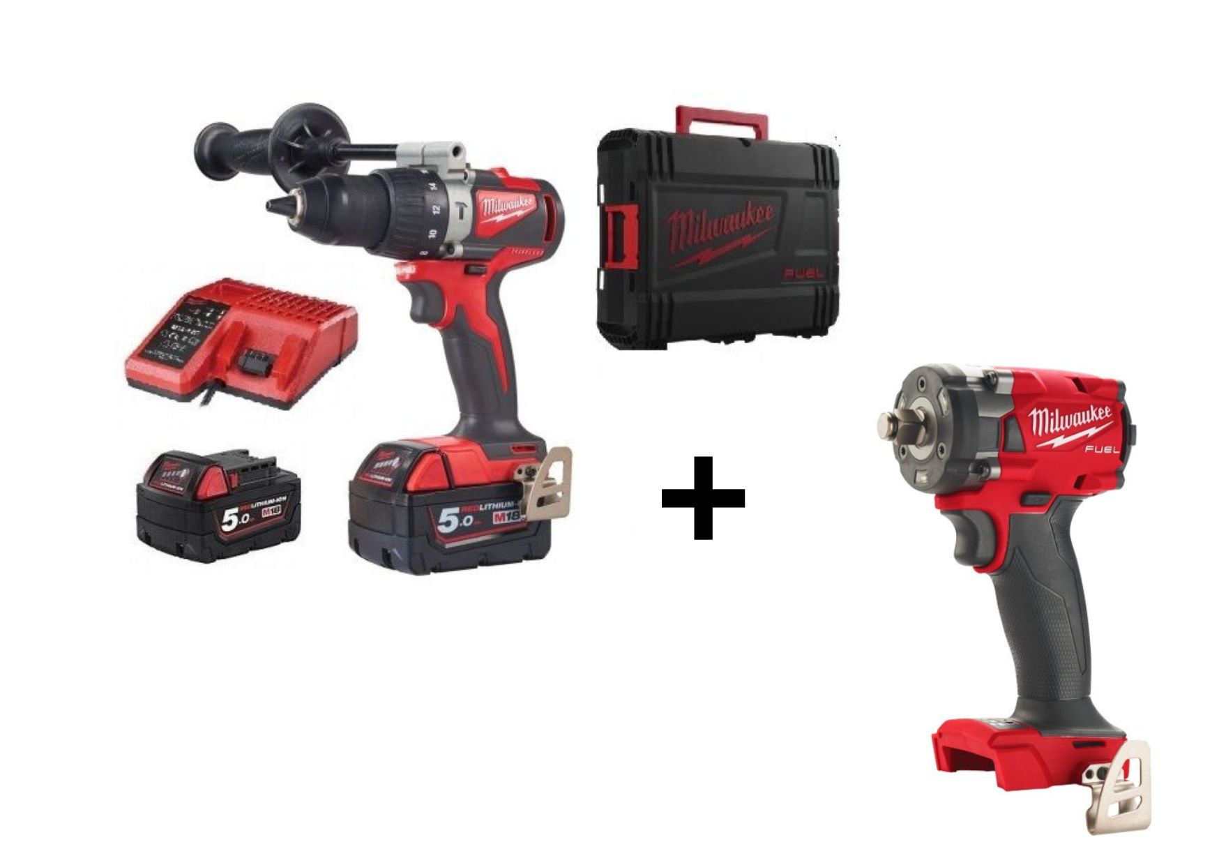 PACK TALADRO PERCUTOR SUBCOMPACTO 18 V M18 BLPDRC-502C SIN ESCOBILLAS + LLAVE IMPACTO 339 NM M18 FUEL DE 1/2" M18FIWF12-0 MILWAUKEE