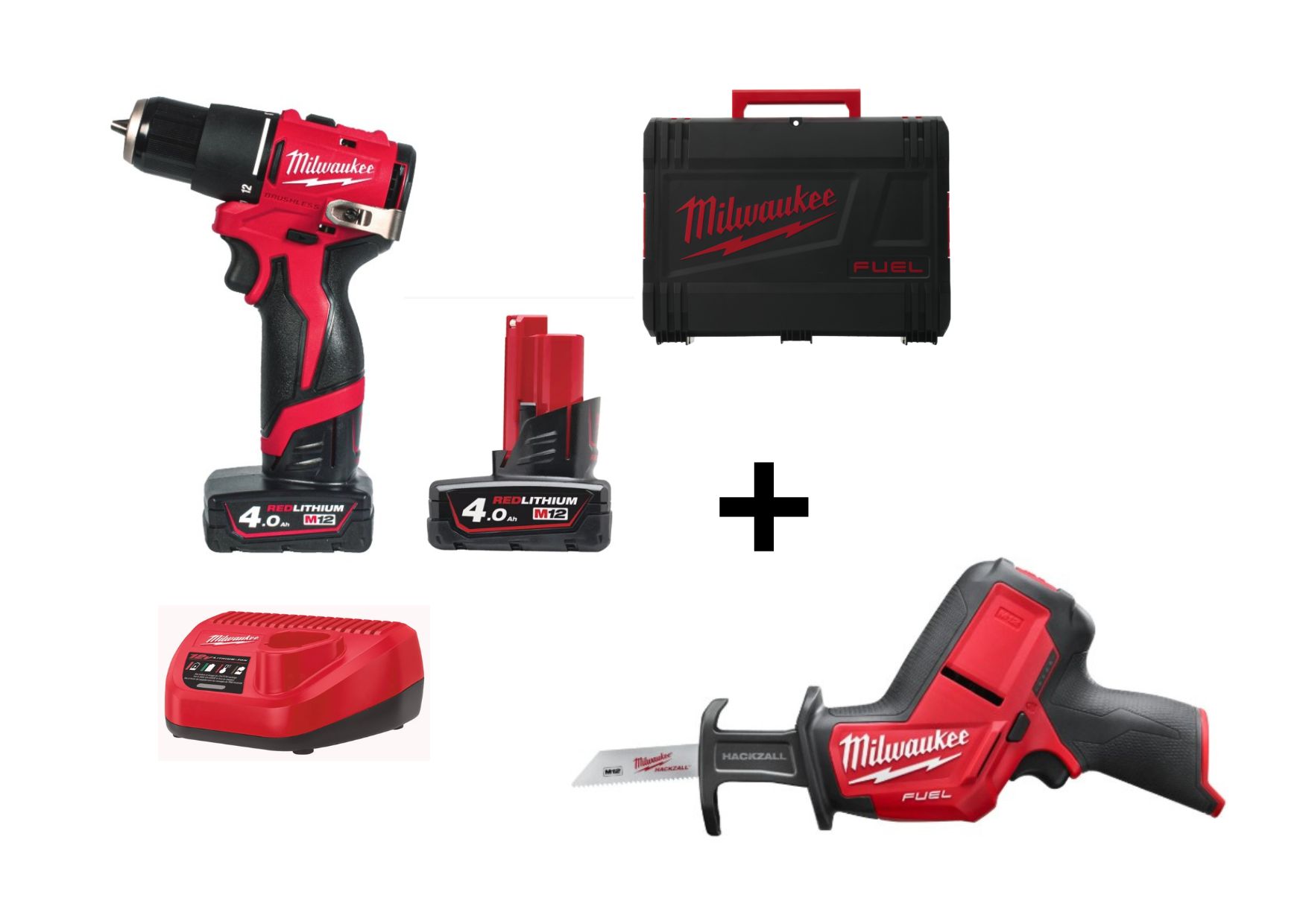 PACK TALADRO PERCUTOR SUBCOMPACTO 12 V M12 BLPDRC-402C SIN ESCOBILLAS + SIERRA SABLE SUBCOMPACTA SIN ESCOBILLAS M12CHZ-0 HACKZALL MILWAUKEE
