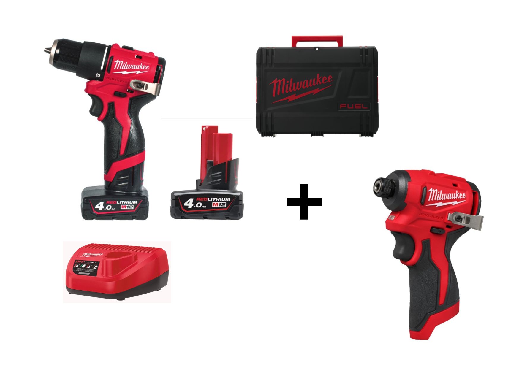 PACK TALADRO PERCUTOR SUBCOMPACTO 12 V M12 BLPDRC-402C SIN ESCOBILLAS + ATORNILLADOR DE IMPACTO SUBCOMPACTO SIN ESCOBILLAS M12BLIDRC-0 1/4 HEX MILWAUKEE
