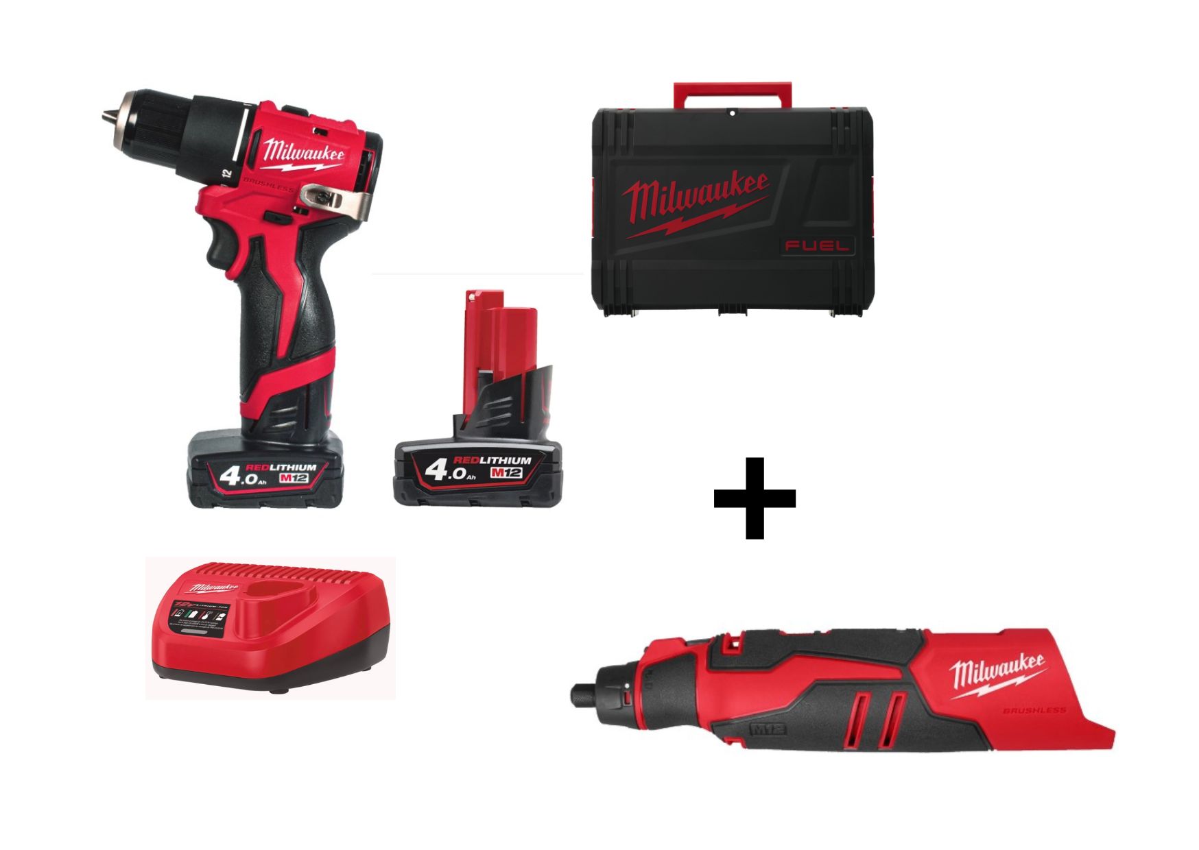 PACK TALADRO PERCUTOR SUBCOMPACTO 12 V M12 BLPDRC-402C SIN ESCOBILLAS + HERRAMIENTA ROTATIVA SIN ESCOBILLAS M12 BLROT-0 MILWAUKEE