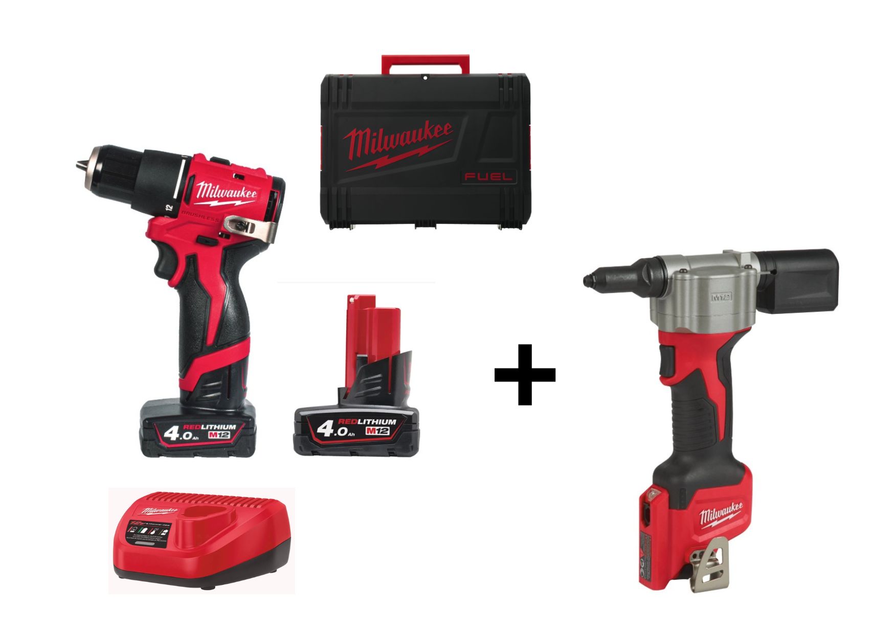 PACK TALADRO PERCUTOR SUBCOMPACTO 12 V M12 BLPDRC-402C SIN ESCOBILLAS + REMACHADORA SUBCOMPACTA M12BPRT-0 4 BOQUILLAS MILWAUKEE