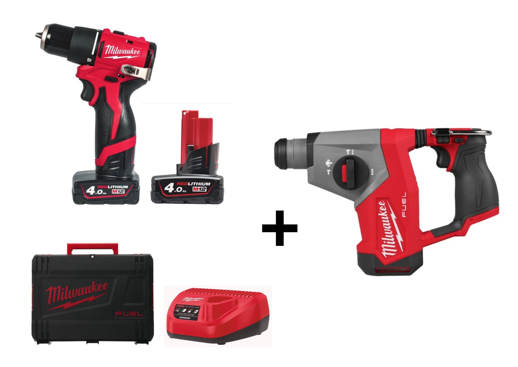PACK TALADRO PERCUTOR SUBCOMPACTO 12 V M12 BLPDRC-402C SIN ESCOBILLAS + MARTILLO COMBINADO SUBCOMPACTO 3 MODOS SDS-PLUS M12FHAC16-502X 16 MM MILWAUKEE