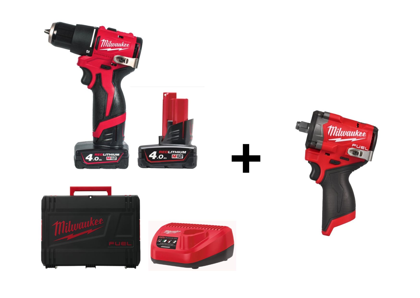 PACK TALADRO PERCUTOR SUBCOMPACTO 12 V M12 BLPDRC-402C SIN ESCOBILLAS + LLAVE DE IMPACTO SUBCOMPACTA 745 NM FUEL M12FCIWF12G3-0 1/2" CON ANILLO MILWAUKEE
