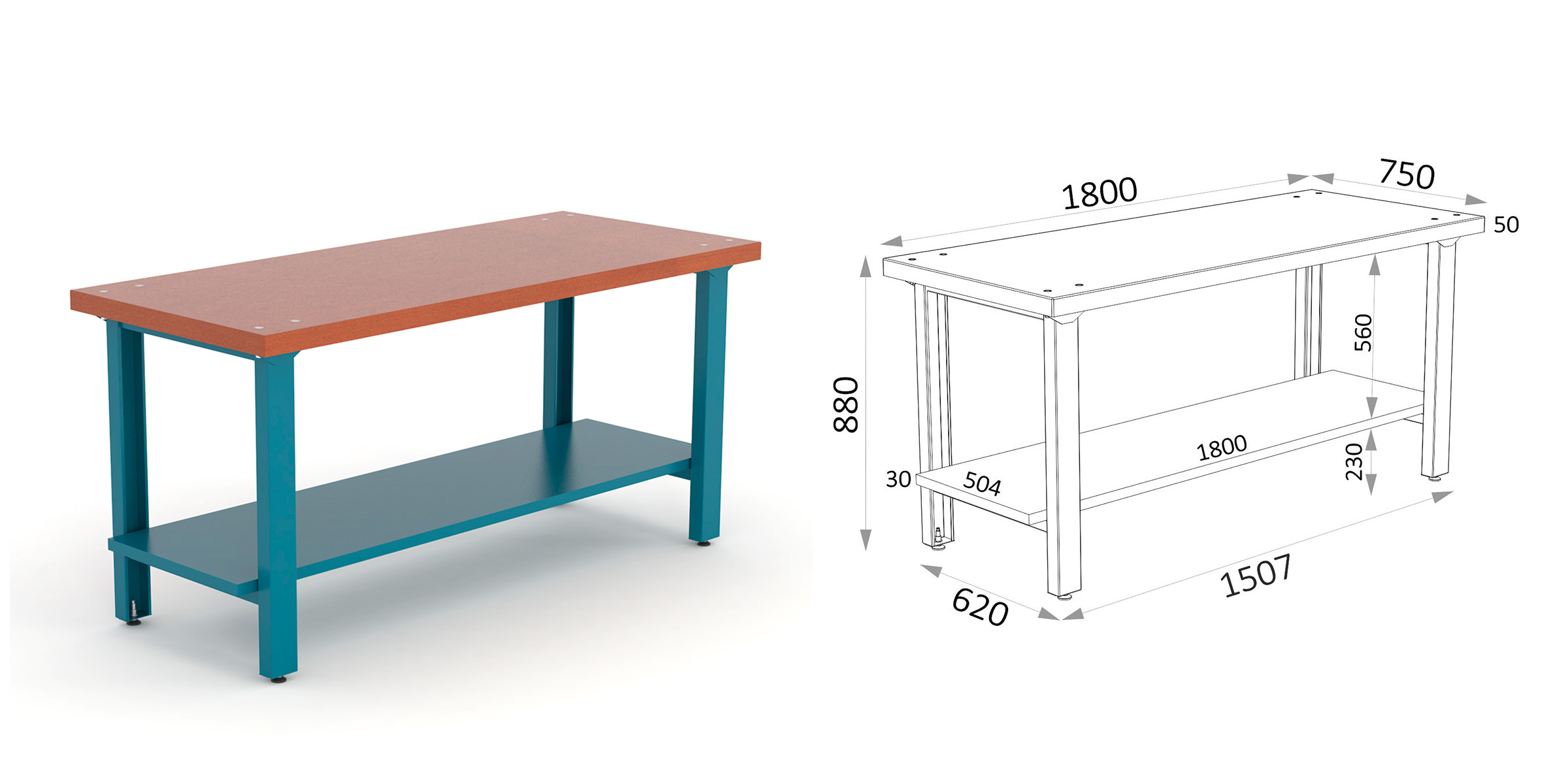 BANCO DE TRABAJO METALICO AZUL SOBRE MADERA 1800X750X880MM HECO